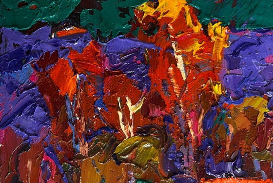 Image 1 of Original Oil Painting Autumn Village Landscape Autumn night in the village