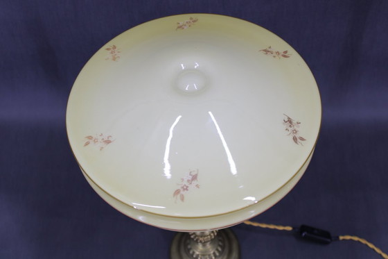Image 1 of    	 1940s Restored Brass Table Lamp with Wooden Base and Glass Shade