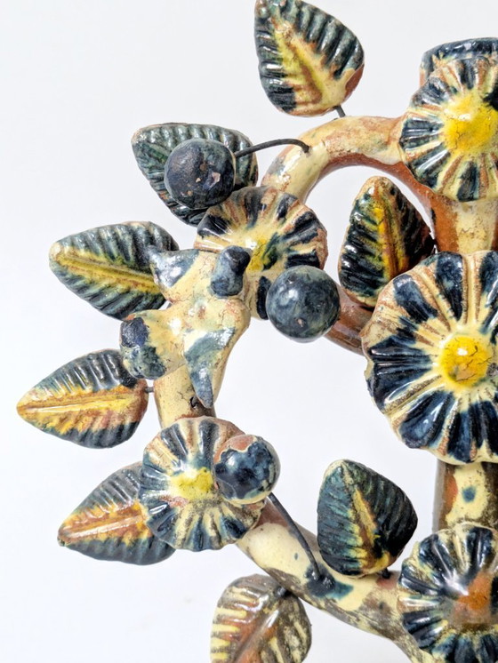 Image 1 of Vintage Mexican Tree of Life Ceramic Candleholder, 1970s Folk Art Candelabra with Birds & Flowers