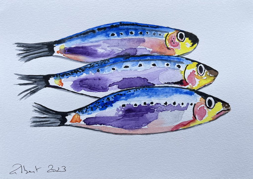 Gesigneerde aquarel. 2023. Thema: sardines.
