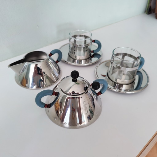 Sugar Bowl, Milk Jug and Two Espresso Cups by Alessi Designed by Michael Graves