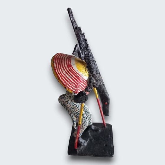 Image 1 of Ensemble de cinq statues figuratives africaines en métal peint à la main – têtes d'animaux – Afrique