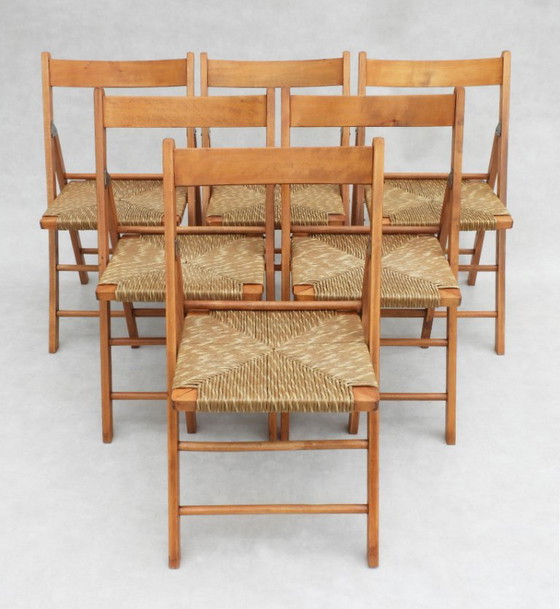 Sedie pieghevoli vintage francesi in faggio, anni '70, set di 6, Legno, Rattan, Beige (foto 7 di 9)