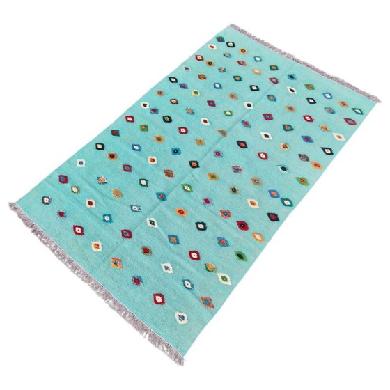 Handgewebter Wollteppich mit Reliefmuster | Moderner türkisfarbener Teppich | 125 × 200 cm (49 × 79 Zoll) (photo 7 of 10)