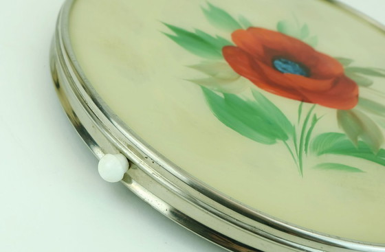 Image 1 of 1930s rotatable CAKE PLATTER glass chrome cake plate floral decor poppy decor