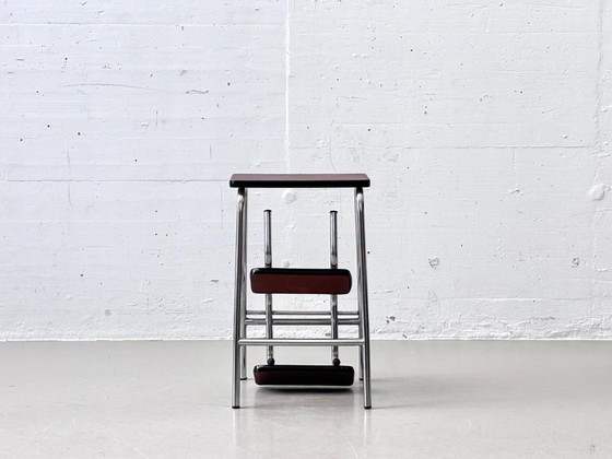 Image 1 of Tabouret vintage avec revêtement en similicuir marron et structure chromée