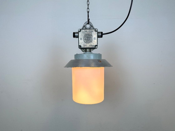 Image 1 of Industrial Aluminium Light with Milk Glass Cover from Elektrosvit, 1970s