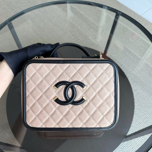 Chanel Camera Filigree Box Bag Large - Caviar Quilted Grained Calfskin Black Beige Gold Hardware Series 23