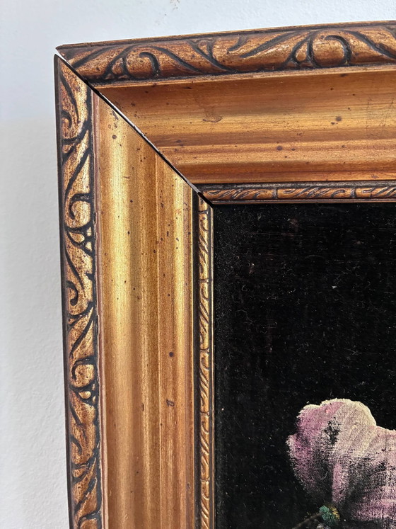 Image 1 of Vintage original velvet flower oil painting, pink flower still life art