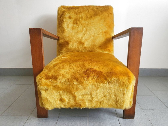 Image 1 of Vintage fauteuil uit de jaren 40, eikenhout en okerkleurig synthetisch bont, DLG Jean Royère, jaren 40