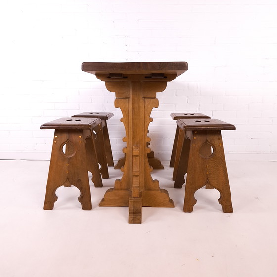 Image 1 of Vintage Bar Table + 4 Stools Oak