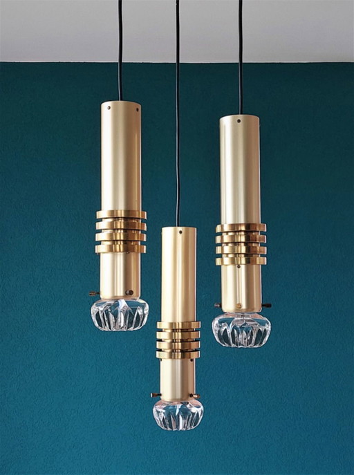 Mid-Century Pendelleuchte aus Messing und Glas