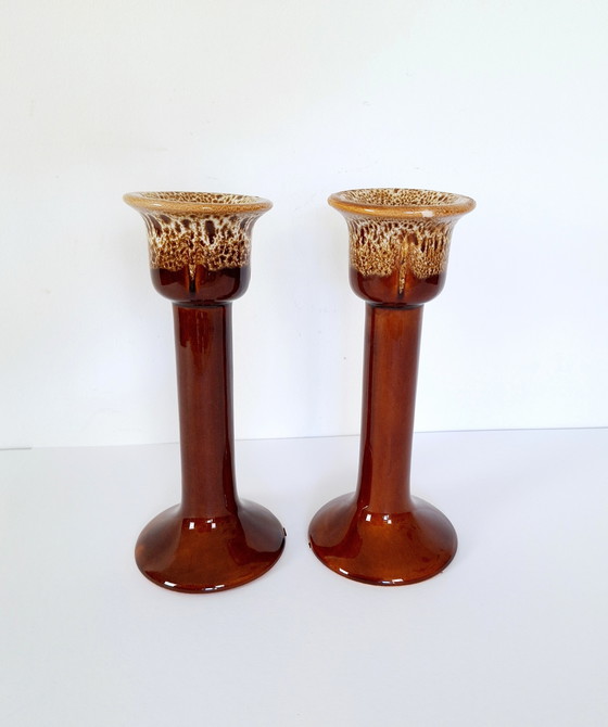 Image 1 of Set van Twee Vintage Keramische Kaarshouders, Vette Lava Kandelaar Houder, Bruine Decoratieve Verzamel Kandelaar