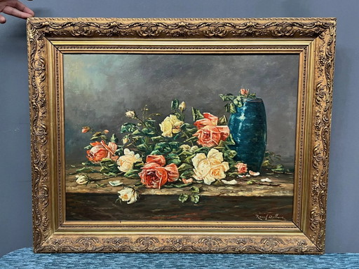 Raoul Delbové. Still life with roses. – schilderijen tekeningen, Wood (photo 2 of 8)