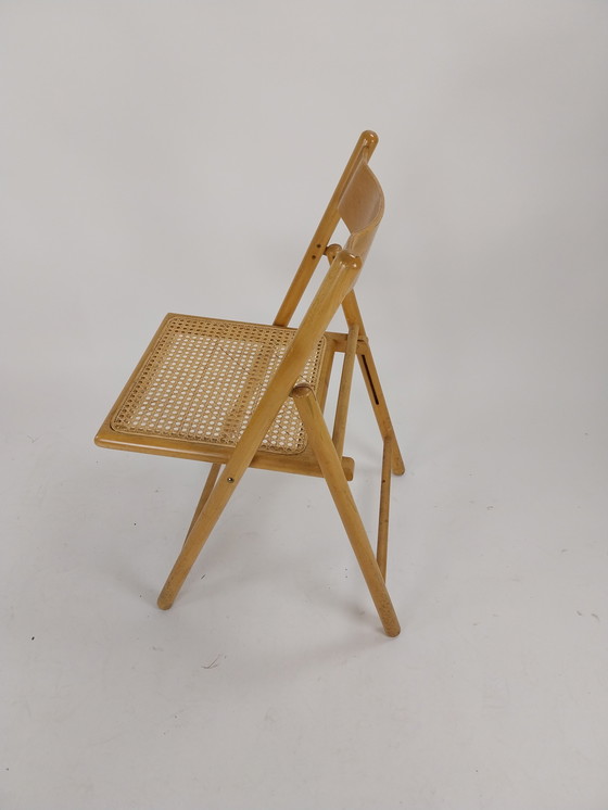 Image 1 of 4 x Mid - Century folding chairs in beech with rattan webbing seat