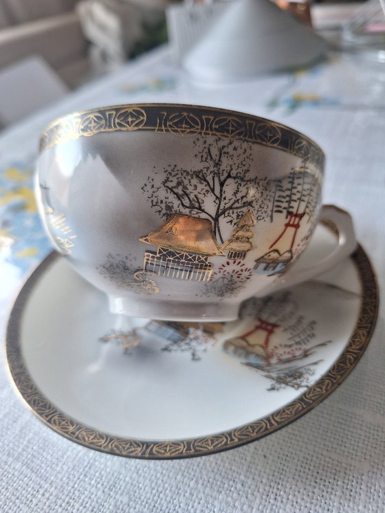 Image 1 of Zeldzaam vintage Japans lithofaan theeservies "Verborgen Geisha" porselein