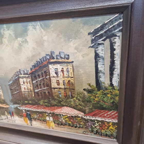 Image 1 of Peinture à l'huile vintage avec le marché aux fleurs de Paris Frederic, 20ème siècle