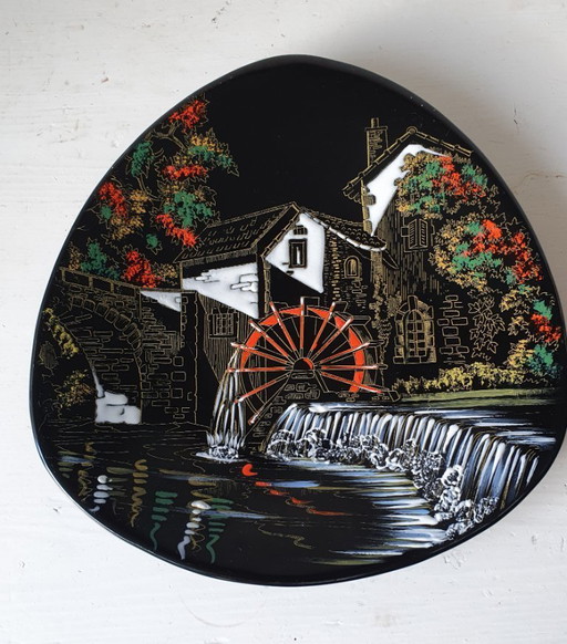 Longwy black plate with decor of water mill