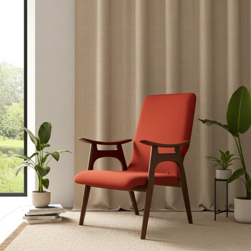 Mid-Century Modern Armchair Fauteuil by Louis van Teeffelen – Red-Orange Upholstery