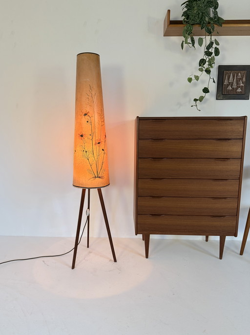 Vintage tripod vloerlamp droogbloem, Hesse Leuchten ‘60