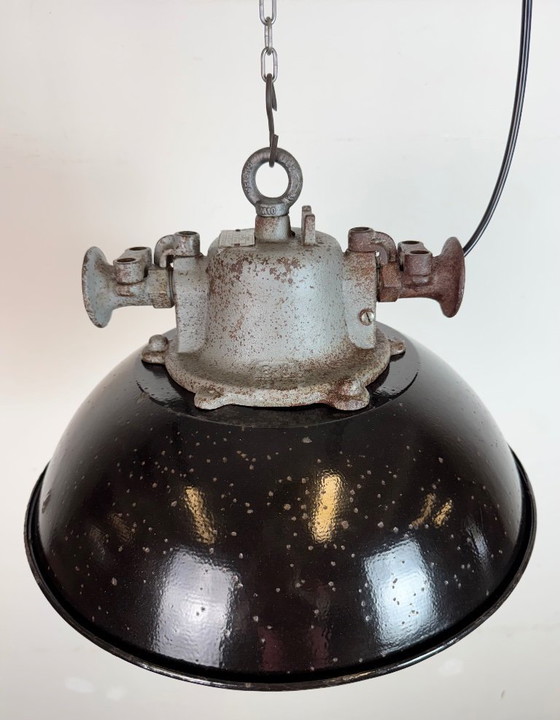 Image 1 of Black Enamel and Cast Iron Industrial Cage Pendant Light, 1960s