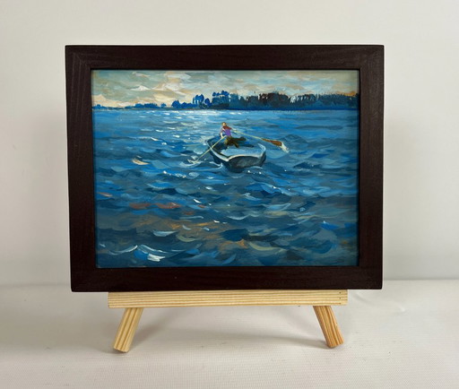 Origineel olieverfschilderij: Avondlandschap aan de rivier. 's Avonds in een boot.
