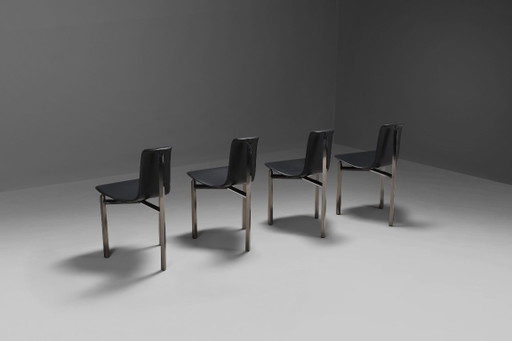 Fauteuils en cuir et chrome à trois pieds, Italie, années 1970 – eetkamerstoelen, Leather, Vintage (photo 2 of 9)