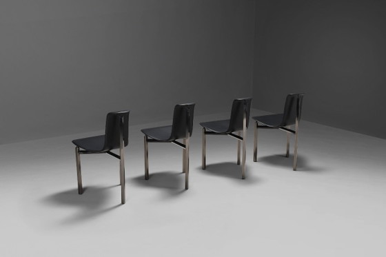 Fauteuils en cuir et chrome à trois pieds, Italie, années 1970 – Chaises de salle à manger, Leather, Vintage (photo 2 of 9)