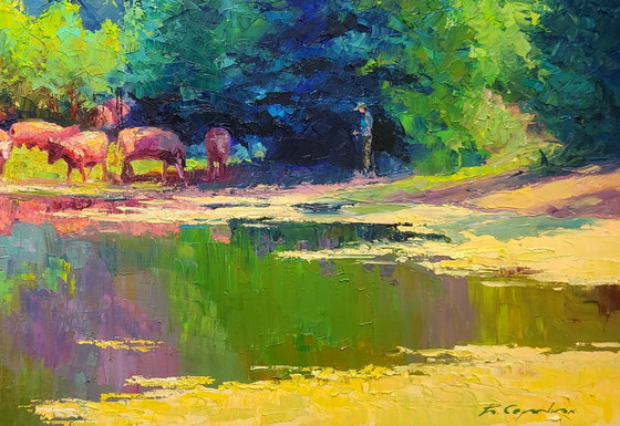 Origineel olieverfschilderij Natuurlandschap Zomerweide Vijver Kudde koeien – Schilderijen & Tekeningen (photo 7 of 7)
