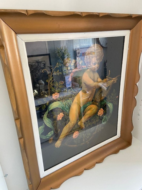 Image 1 of Estampe Lithographie Polychrome Avec Réhaut Doré Putto Chérubin Ange Papillon