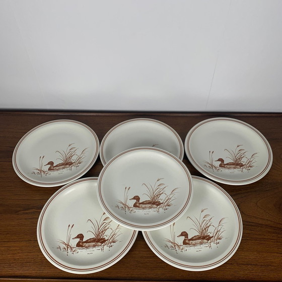 Image 1 of Vintage Churchill England 6 Flat Plate Set – Duck Pattern & Red/Brown Trim, 1980/90