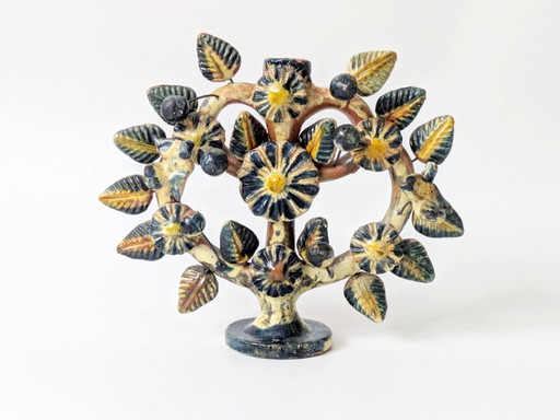 Vintage Mexican Tree of Life Ceramic Candleholder, 1970s Folk Art Candelabra with Birds & Flowers