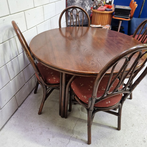1970s dining room set Manou oak and bamboo table with 4 chairs