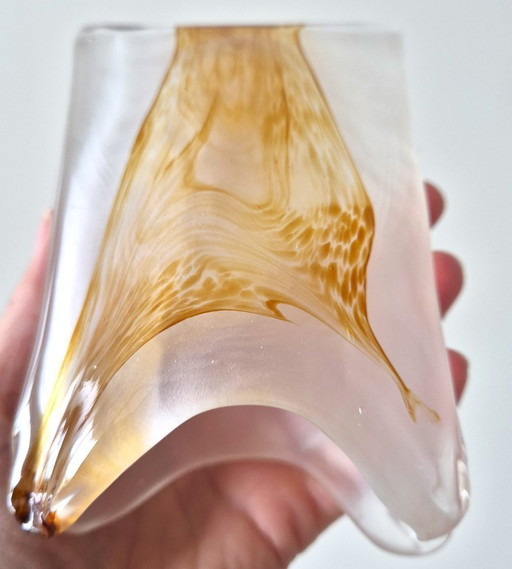 Italian Vintage Table Lamp with Amber-Colored Thick Glass Shade,