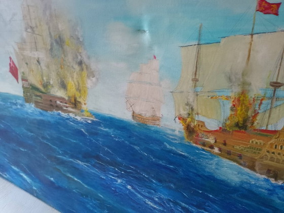 Image 1 of Gran Óleo sobre lienzo batalla Naval firmado 