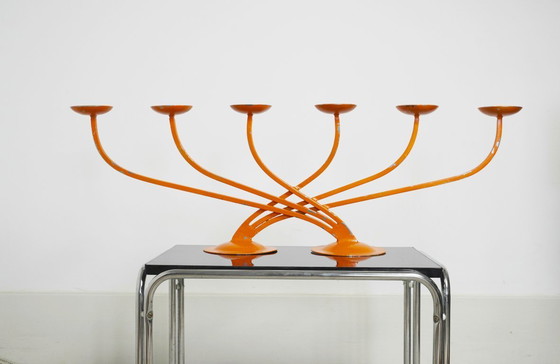 Image 1 of  1970s Orange Candelabra Large Metal Sculptural Mid Century Retro Candle Holder Space Age Statement Centrepiece 