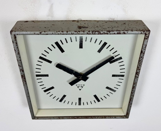Image 1 of Grey Rusty Industrial Square Wall Clock from Pragotron, 1970s