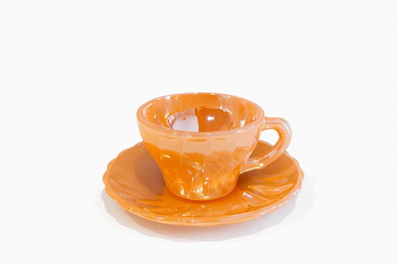 Image 1 of Service à café vintage Anchor Hocking Fire-King à reflets pêche – Style moderne du milieu du siècle – vers 1940-1950