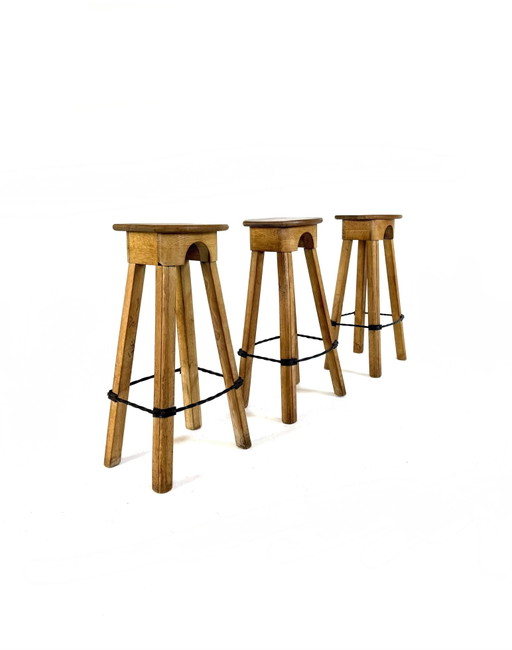 3x Brutalistischer Eichenbarhocker '60