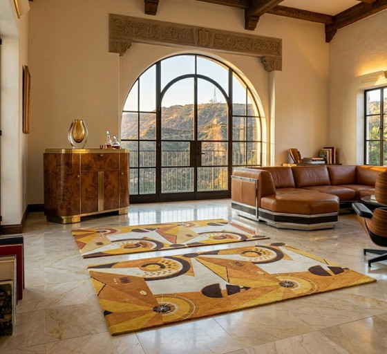 Image 1 of Coppia di tappeti/arazzi francesi in pura lana, di ispirazione costruttivista, risalenti agli anni '50, estremamente rari.