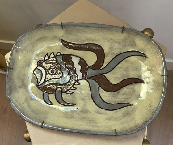Large stoneware wall plate – champlevé fish decor – 50s-60s (Vallauris / Derval / Agard style) erased (photo 2 of 15)