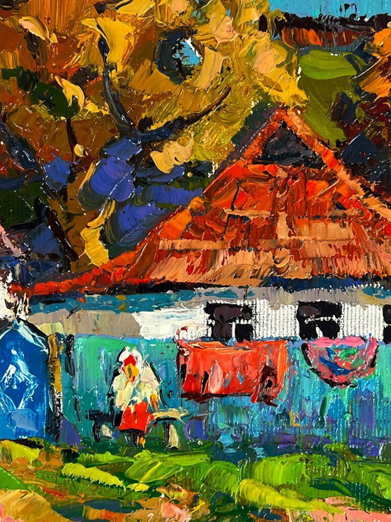 Image 1 of Peinture à l'huile originale : paysage rural, vie à la campagne, réunions dans la cour
