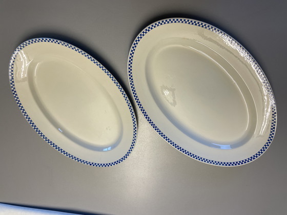 Image 1 of Platos de Sarreguemines, con estampado de cuadros, azul y blanco.
