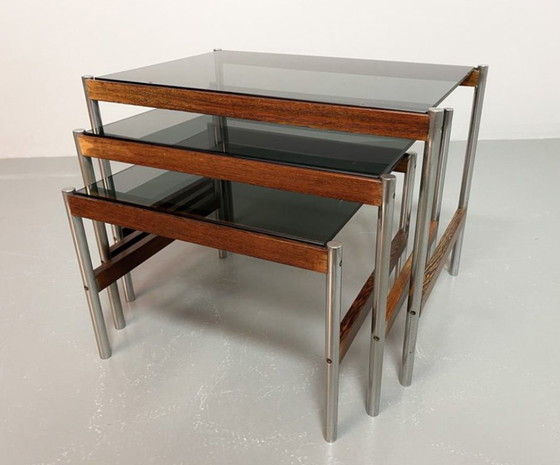 Image 1 of Fristho Mid-Century Dutch Design Nesting Tables with Smokey Glass Top and Wenge with Chrome Base, Set of 3, 1960s.
