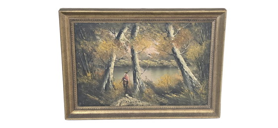 Image 1 of Atmospheric Painting "Autumn Landscape" – Vintage 1970s with Gold Frame