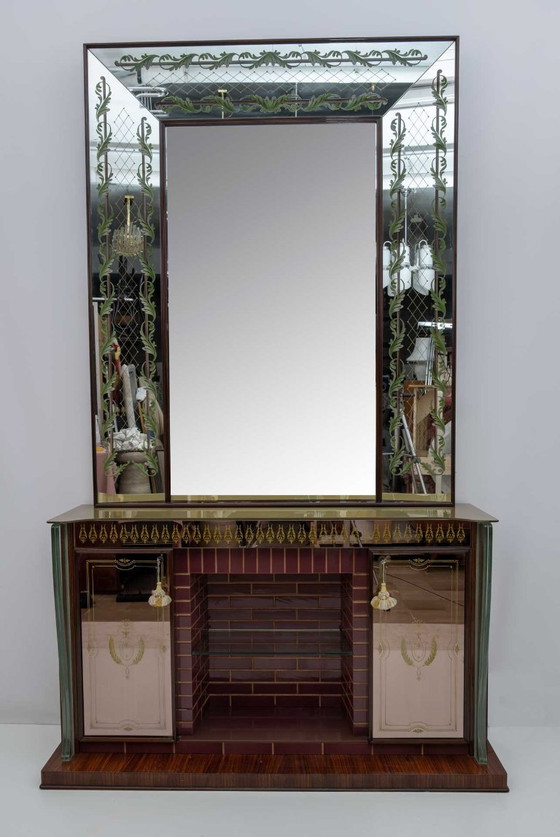 Image 1 of Meuble de bar italien moderne du milieu du siècle de Luigi Brusotti avec miroir décoré, années 40