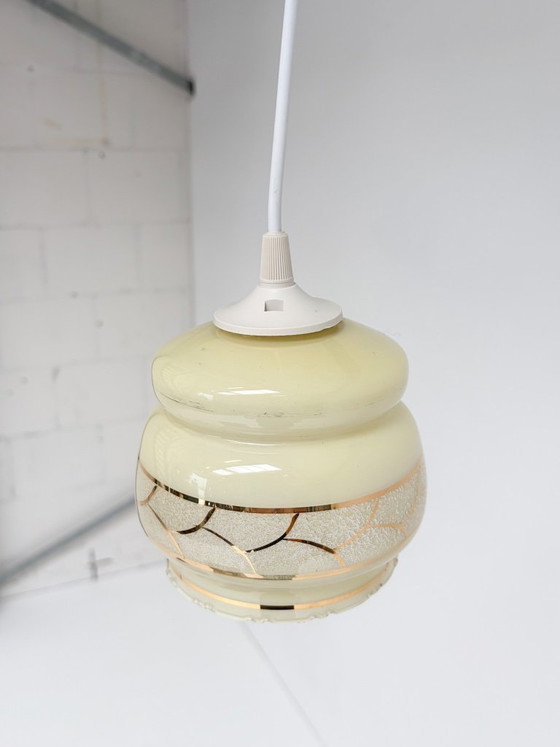 Beige with gold-colored vintage ceiling lamp, 1960s – Pendant lamps, Glass, Plastic (photo 4 of 8)
