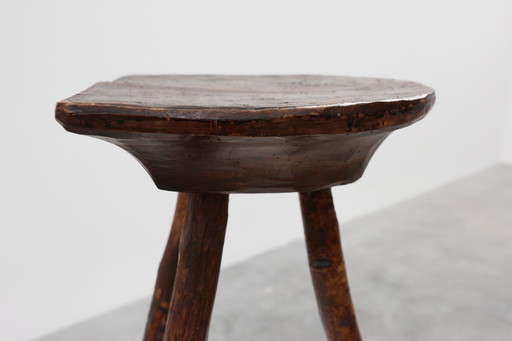 French wabi sabi style low tripod stool in solid wood, 1850s
