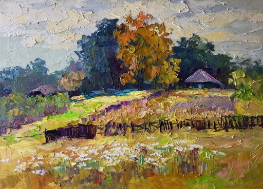 Origineel olieverfschilderij: Landelijk landschap met herfstbloemen in de tuin.