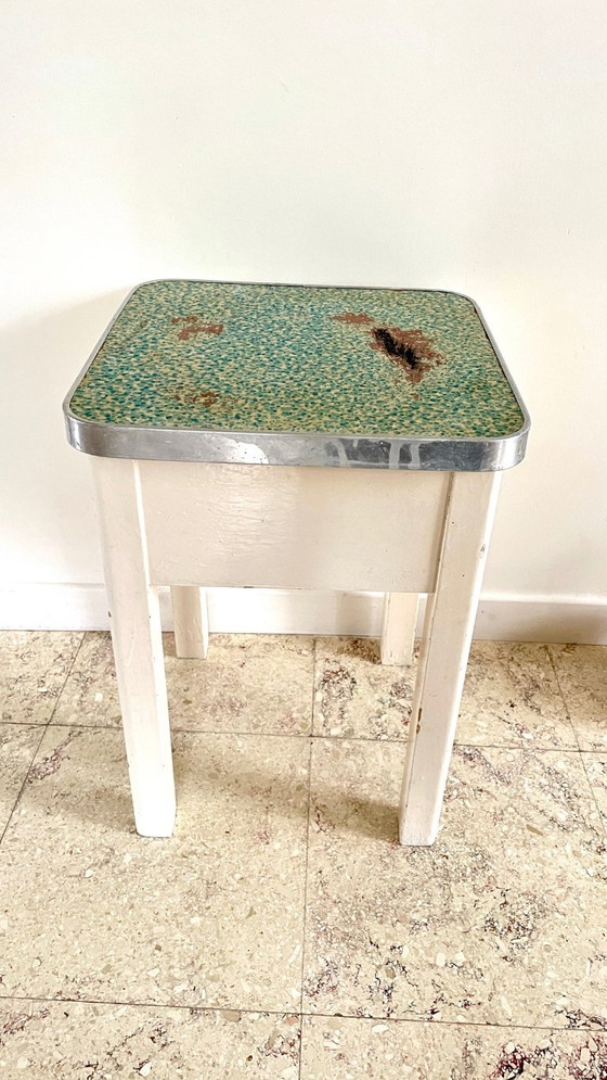 Vintage Houten Opbergkrukje, BBI, Aluminium, Groen (foto 23 van 26)